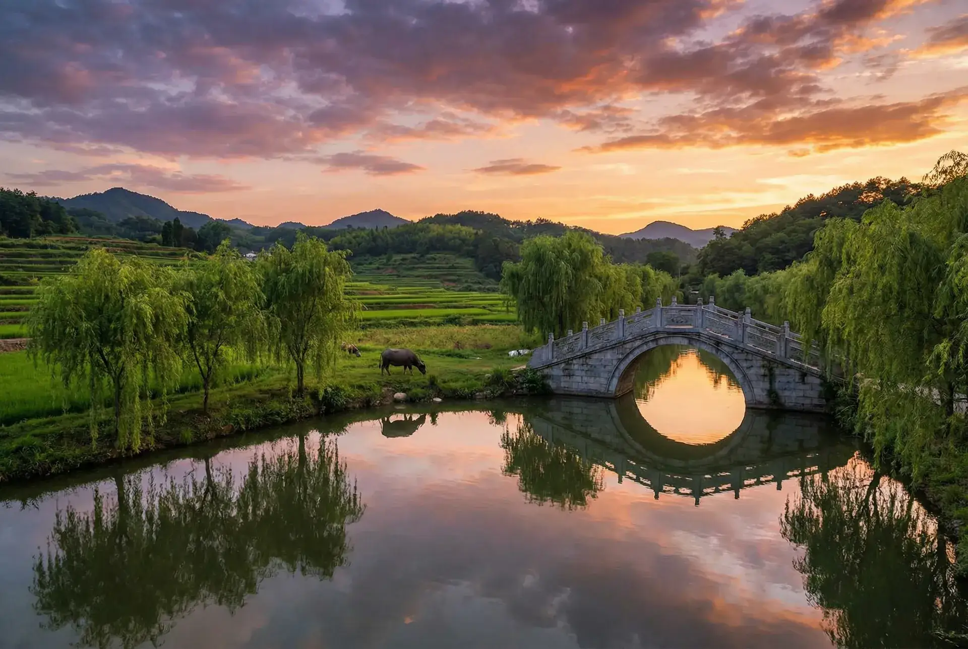 夕阳下的石拱桥与垂柳，水牛在河边吃草 - 送QQ 乡村美景